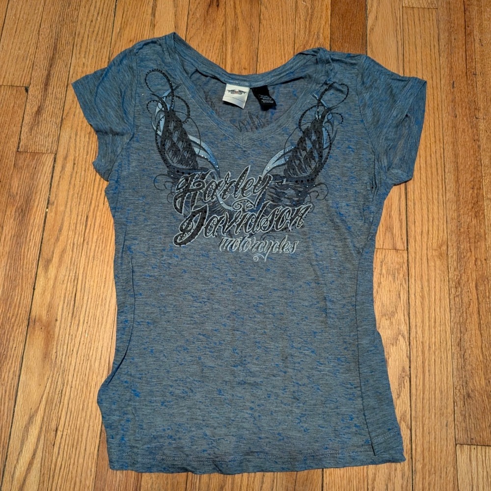 Harley Davidson Blue Heathered Wing Graphic V-Neck Tee Large Rhinestone Top